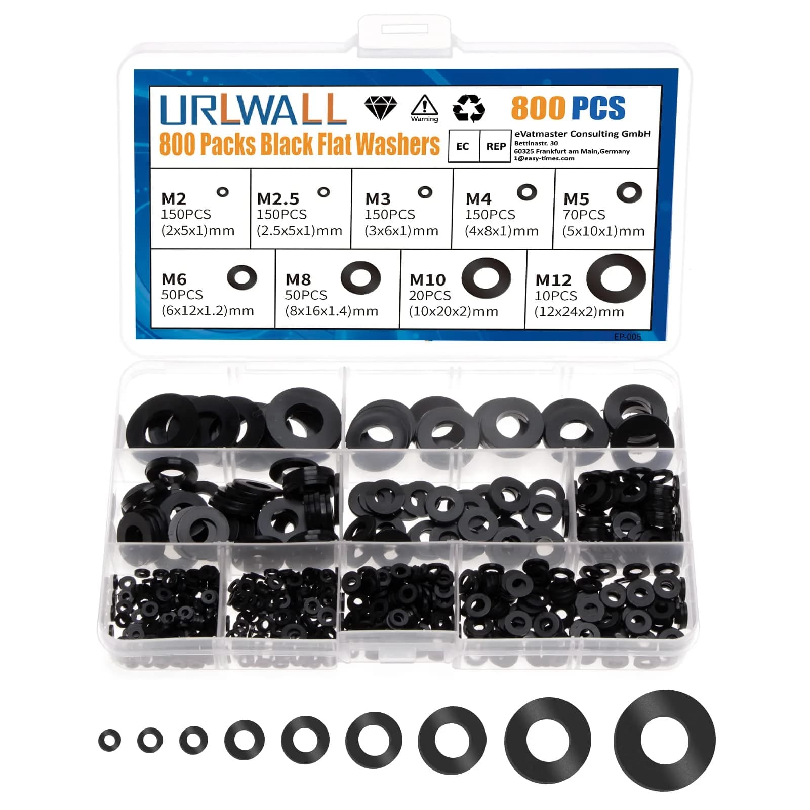 URLWALL 800Pcs Black Nylon Flat Washer Assortment Set M2-M12 | Protects Parts & Screws