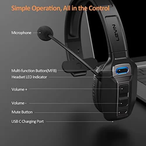 LEVN Bluetooth Headset with Microphone | AI Noise Cancelling & 65 Hrs Battery | Wireless On-Ear Headphones for Trucker & Office thumbnail 6