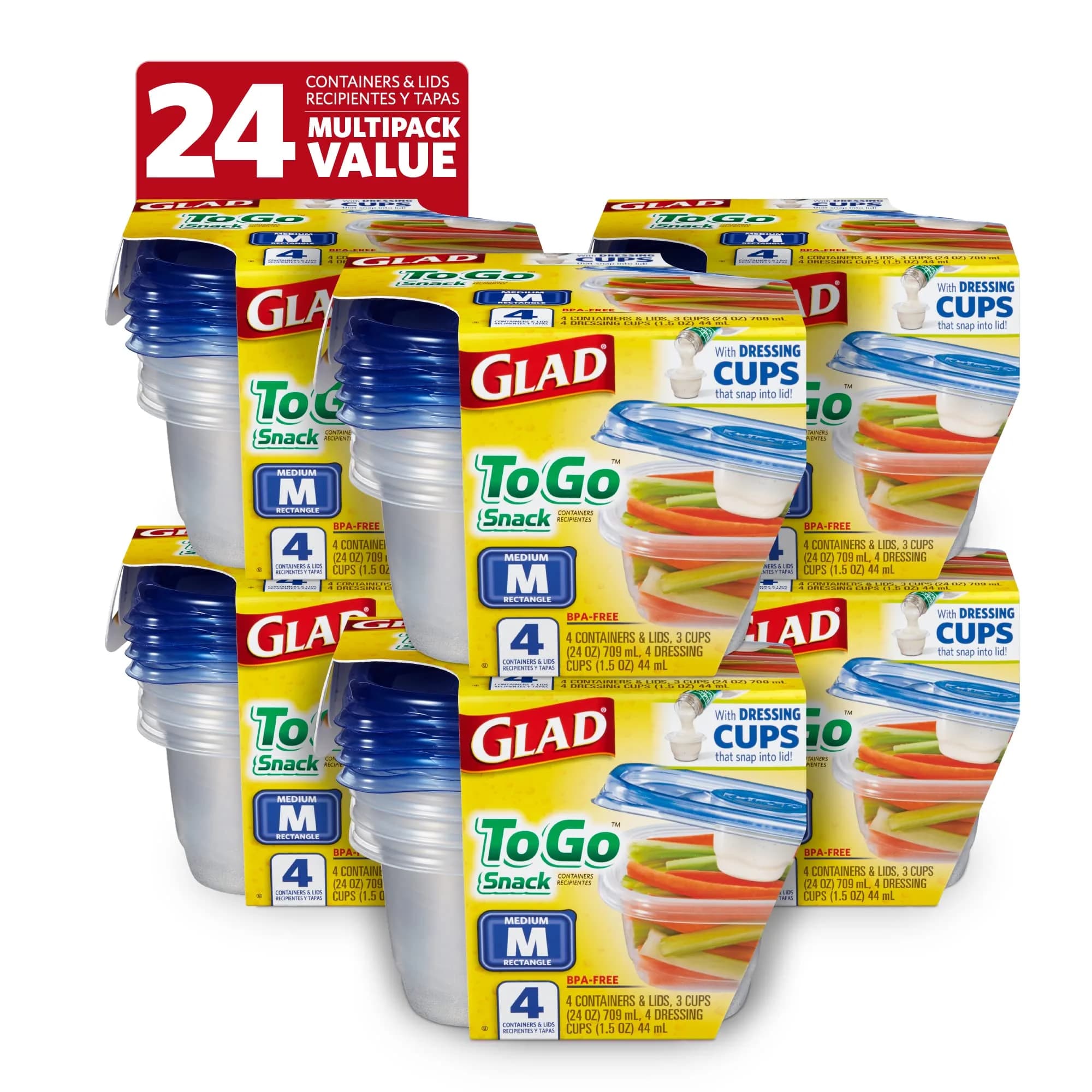 Glad GladWare To-Go Medium Rectangle Snack Containers, 24 Oz (710 ml) with Dressing Cup, 6-Pack | Airtight & Leak-Resistant for Salads & Snacks