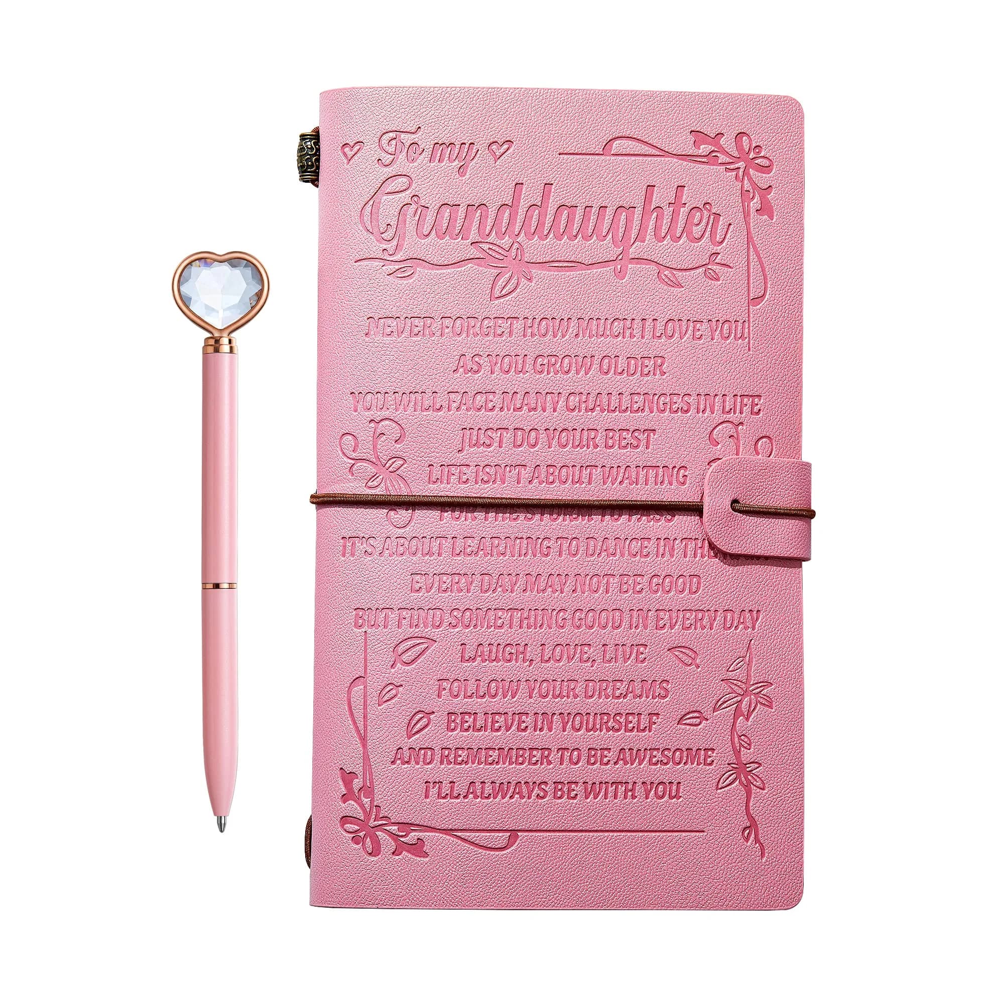 JEWPHX Pink Leather Journal for Granddaughter | Refillable 7.9 x 4.7 inches, 140 Pages - main product image