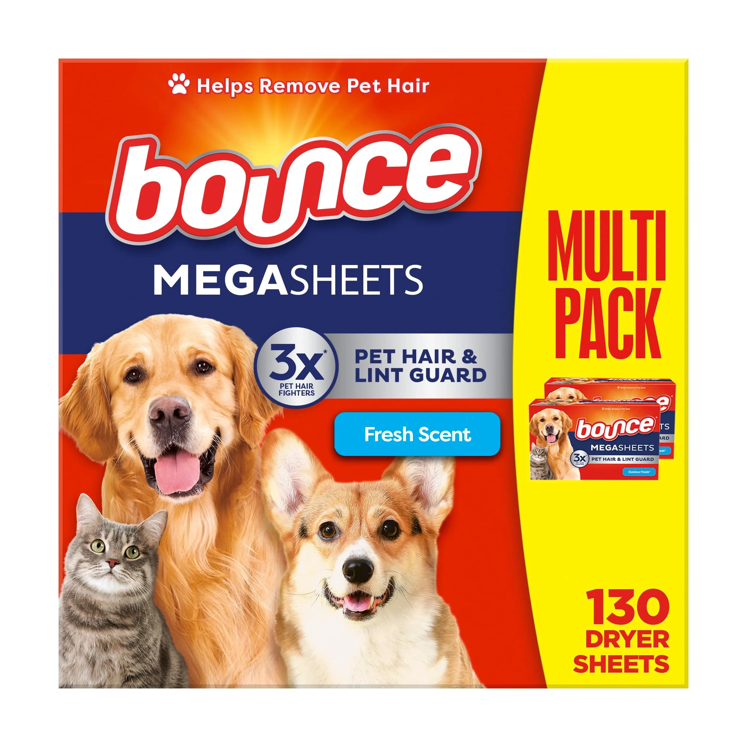 Bounce Pet Hair and Lint Guard Mega Dryer Sheets | 130 Count (368g/12.98oz)