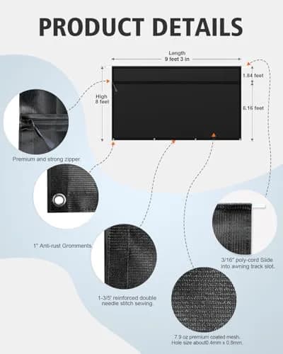 Dulepax RV Awning Shade Screen with Zipper 8' Drop x 9'3" Length | Black Polyester Mesh for 10ft Awning thumbnail 6