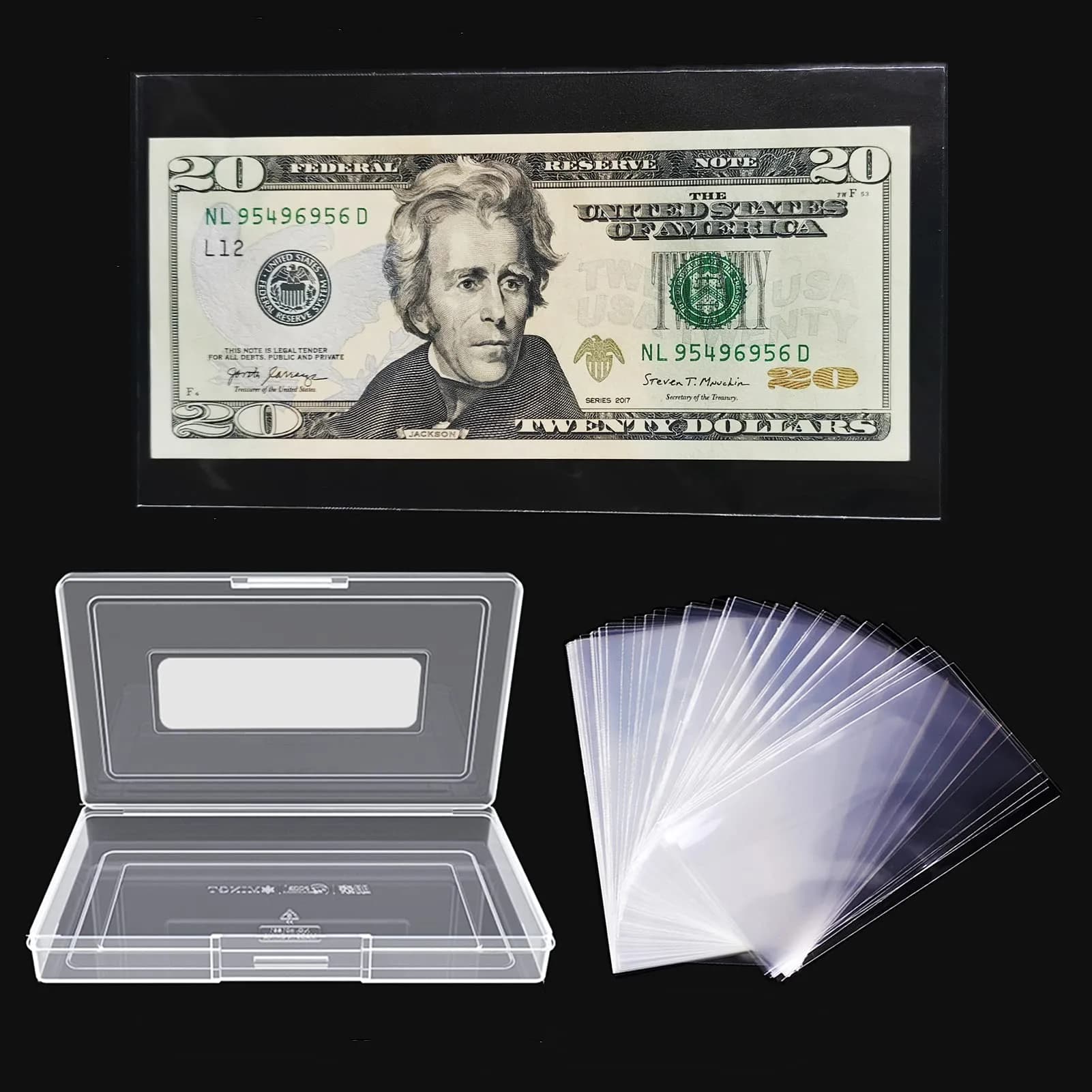 MUDOR Dollar Bill Holders for Collectors, 100 Pack Paper Money Sleeves | Clear PP Material, Currency Banknotes Protector Holder with Storage Case — 200 PCS