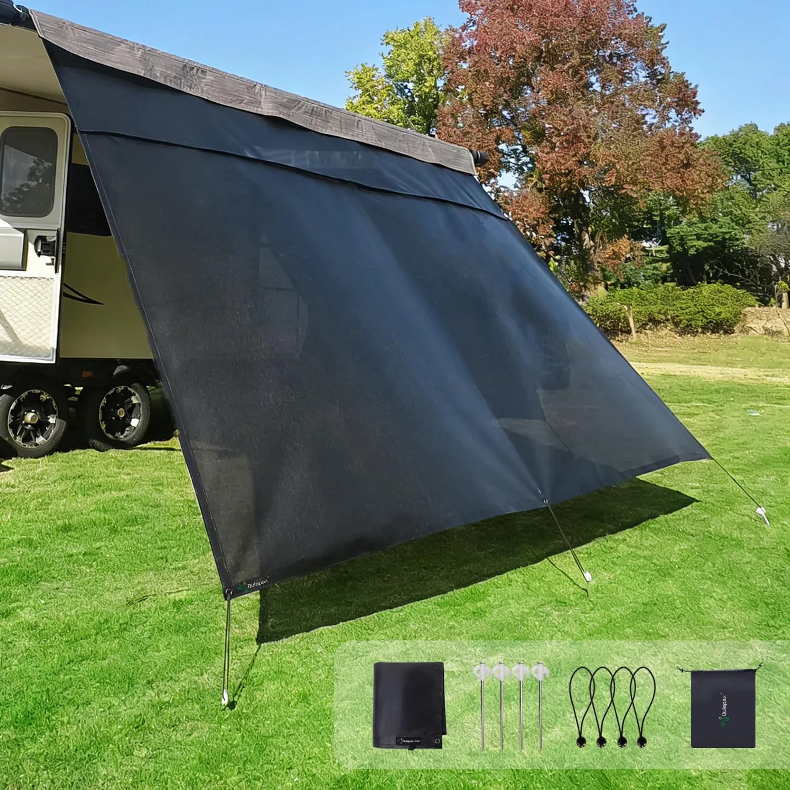 Dulepax RV Awning Shade Screen with Zipper 8' Drop x 9'3" Length | Black Polyester Mesh for 10ft Awning — Black