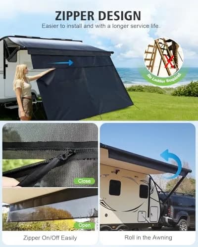 Dulepax RV Awning Shade Screen with Zipper 2.44m (8') Drop x 3.73m (12'3") Length | Universal Fit for 13ft Awning Frames thumbnail 2