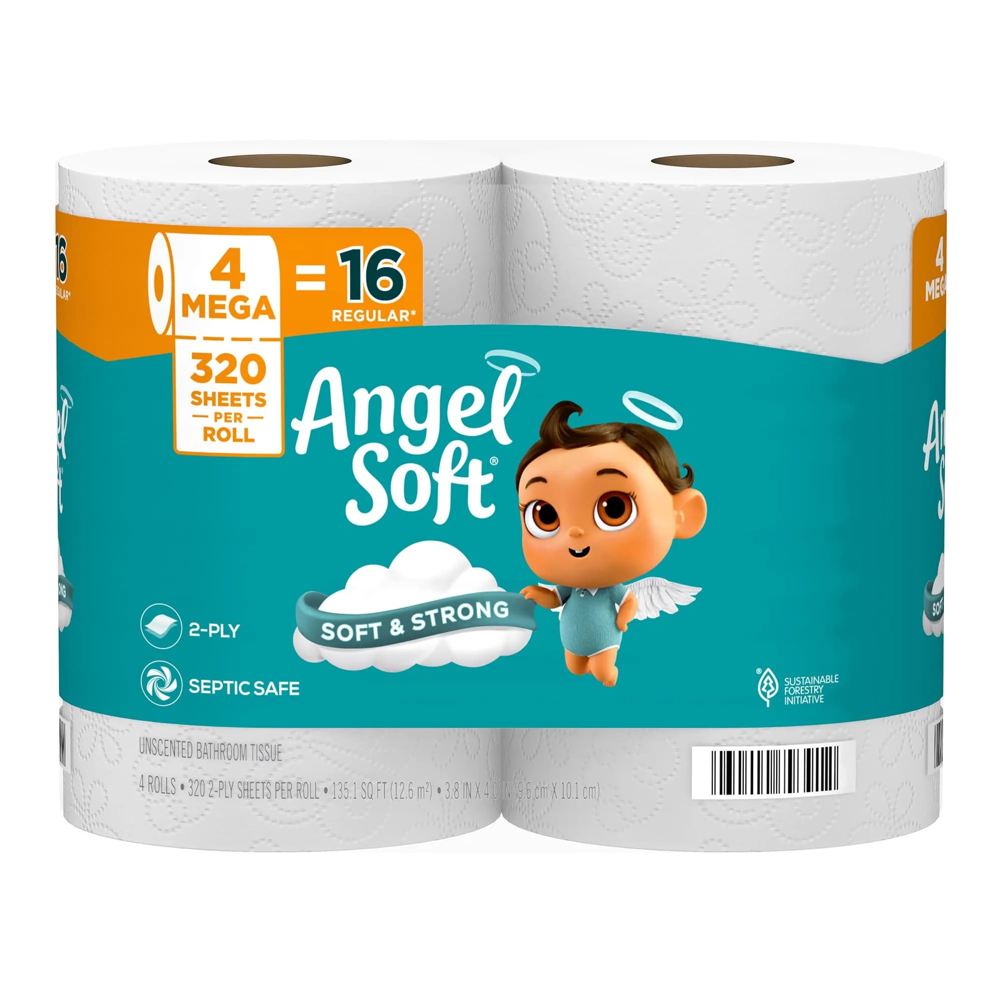 Angel Soft Toilet Paper Bulk Bathroom Tissue, 8 Mega Rolls (320 Sheets Each) | Soft, Strong, Septic Safe — 4 Mega Rolls