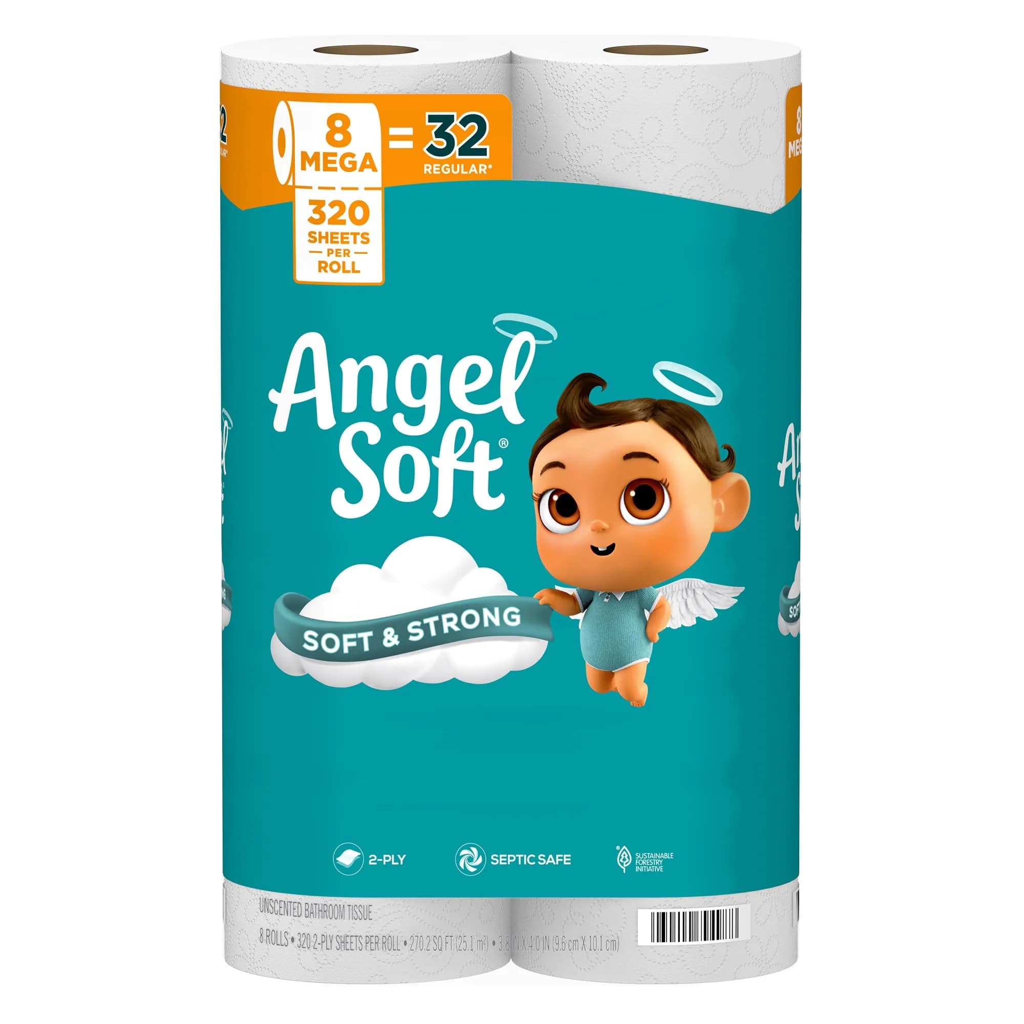Angel Soft Toilet Paper Bulk Bathroom Tissue, 8 Mega Rolls (320 Sheets Each) | Soft, Strong, Septic Safe — 8 Mega Rolls