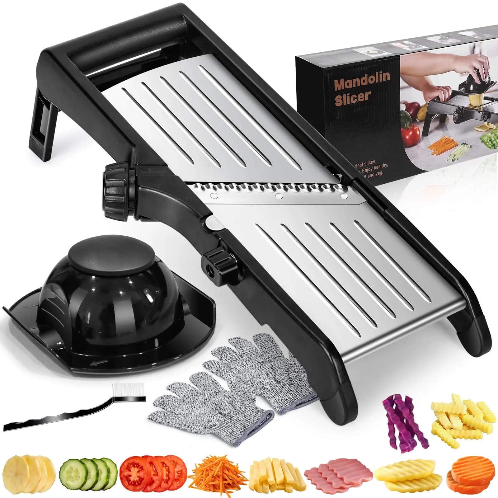 MASTERTOP Adjustable Mandoline Slicer Stainless Steel Vegetable Slicer 17.5 cm (6.9 in) | Safe Kitchen Slicer for Onions, Potatoes, Fruits — 15.5"L x 6.7"W x 3"H