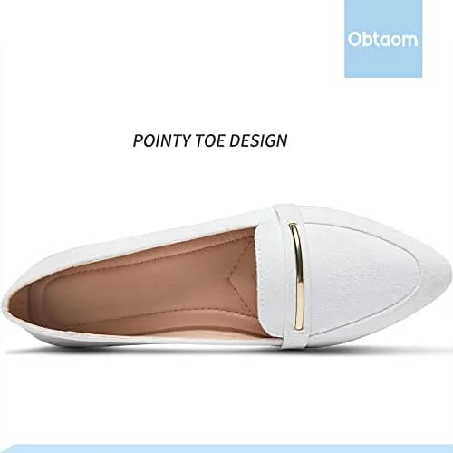 Obtaom Women's Pointy Toe Loafer Flat Comfortable Faux Suede Work Shoes, White US7 | Elegant & Breathable thumbnail 5