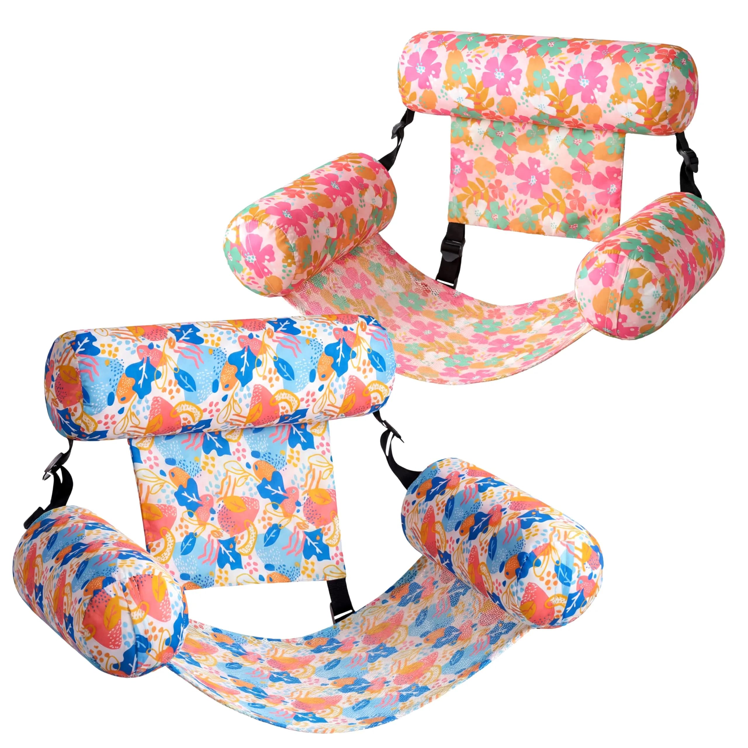 Sloosh Inflatable Pool Float Chairs 2-Pack 76x41x61 cm (30"x16"x24") | Tropical Leaves Design with Mesh Sling — Multicolor