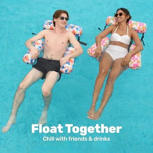 Sloosh Inflatable Pool Lounge Chairs 2-Pack Tropical Flowers | Adjustable Hammock Float for Adults thumbnail 3