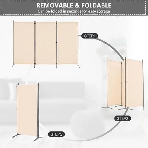 Spurgehom 3 Panel Folding Room Divider Privacy Screen 208 cm (102" W x 71" H) | Freestanding Beige Fabric Partition thumbnail 3
