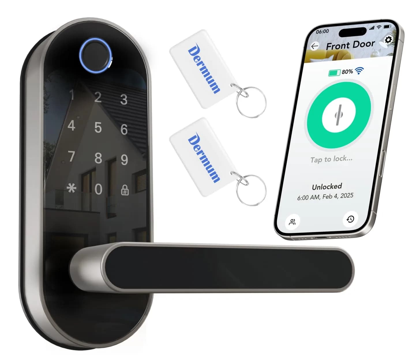 Dermum Smart Digital Door Lock with Handle & Keypad, Fingerprint Biometric Deadbolt - Silver