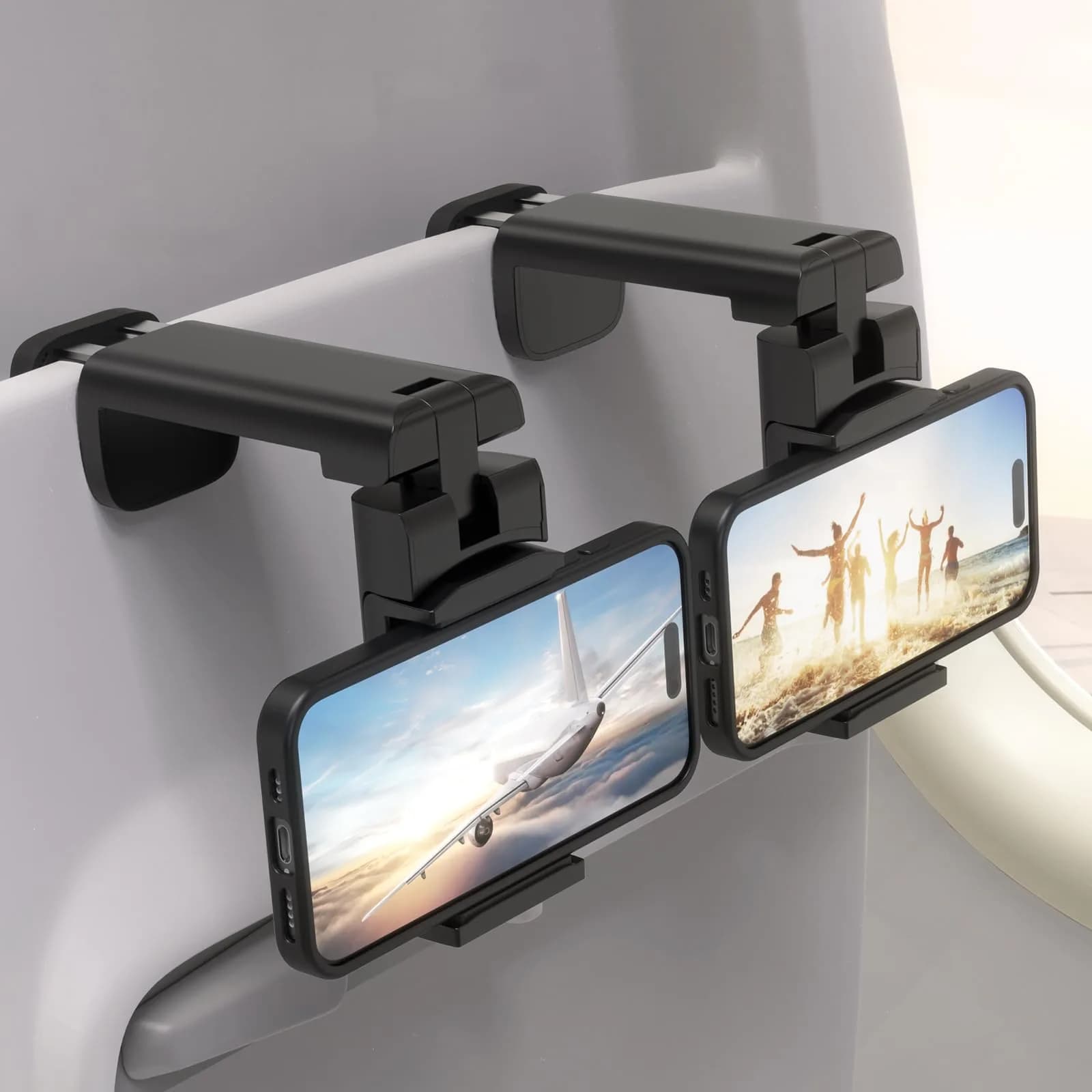 Klearlook Universal Airplane Phone Holder 2 Pack Pink | Rotatable Mount for Tray Table & Desk, Hands-Free Adjustable Stand — 2-Black