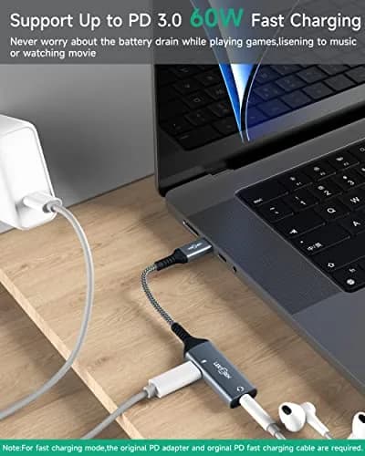 LERTOSEN USB C to 3.5mm Headphone Jack & Charger Adapter | Hi-Res Audio & 60W PD Fast Charging thumbnail 4