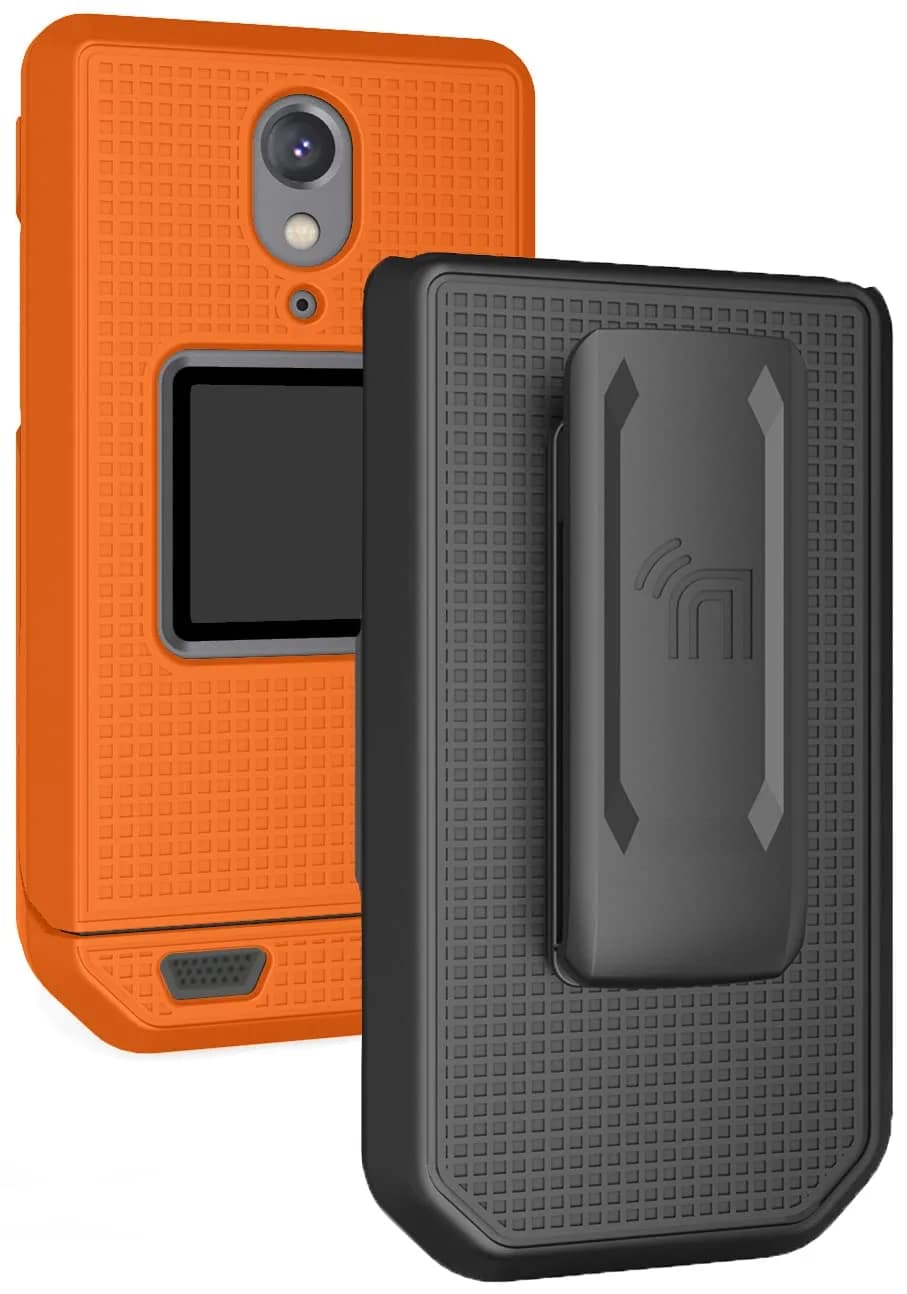 Nakedcellphone Combo for CAT S22 Flip Phone Case with Belt Clip - Blue | Slim Polycarbonate Cover & Rotating Holster — Orange