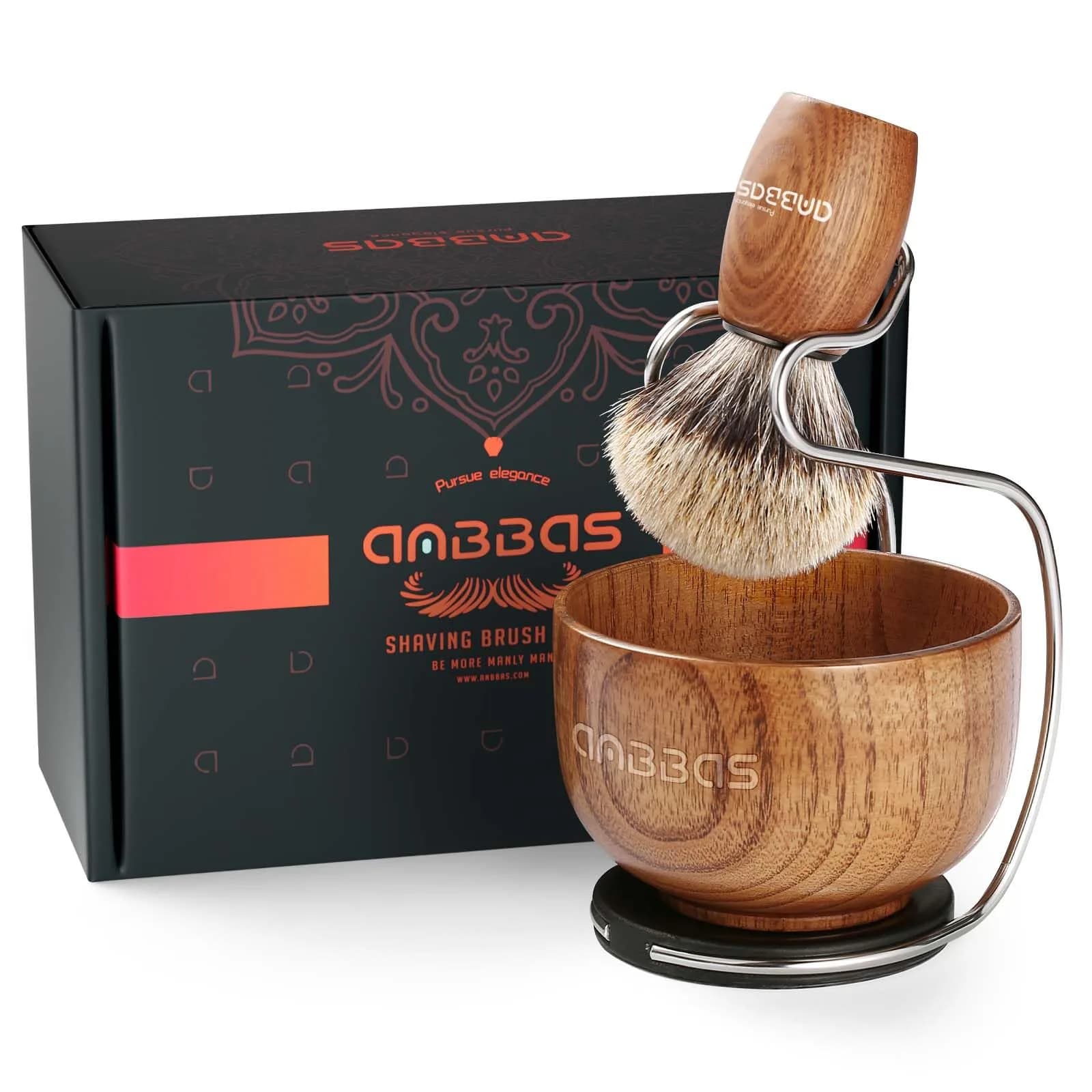 Anbbas 3-in-1 Badger Hair Shaving Brush Set with Stand and Lathering Bowl | Smooth Wet Shave for Men
