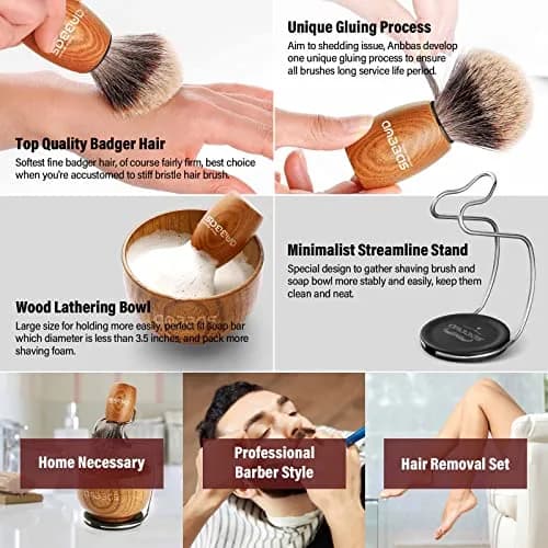 Anbbas 3-in-1 Badger Hair Shaving Brush Set with Stand and Lathering Bowl | Smooth Wet Shave for Men thumbnail 3