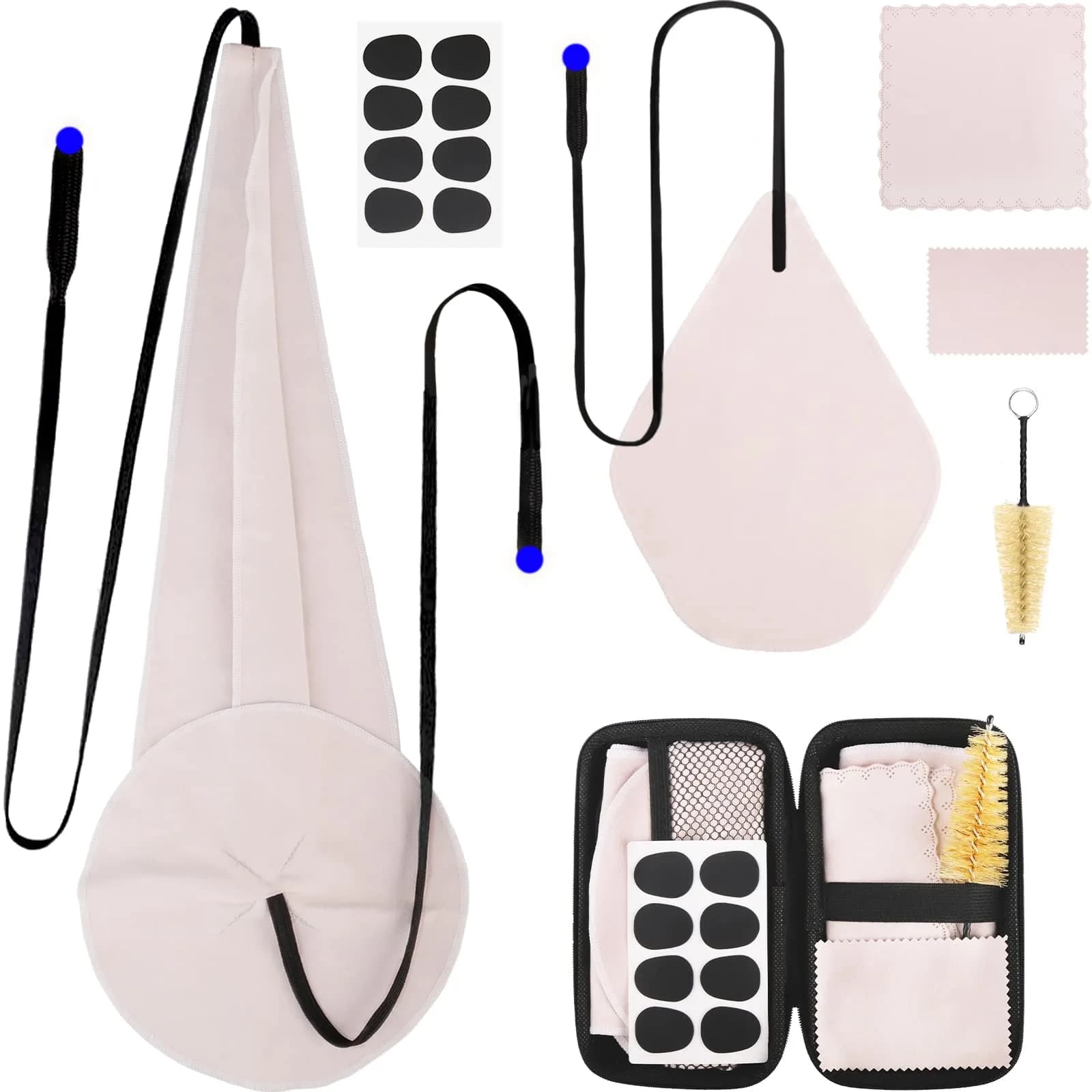Eison Saxophone Cleaning Kit with Case for Alto, Tenor, Clarinet, Flute, Trumpet - 8PCS Mouthpiece Cushions & Microfiber Cloths (Beige)
