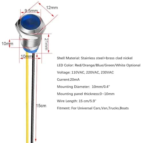 Gebeldet Blue 5pcs 10mm LED Metal Indicator Light 230VAC (0.82 inch) | Waterproof Signal Lamp thumbnail 6