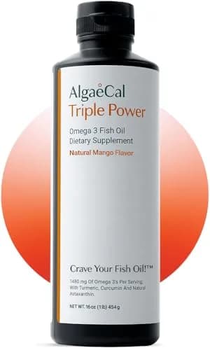 ALGAECAL Triple Power Omega 3 Fish Oil Liquid for Joints, 1200mg | Mango Flavour, 16 oz, Burp-Less, Sugar-Free thumbnail 1