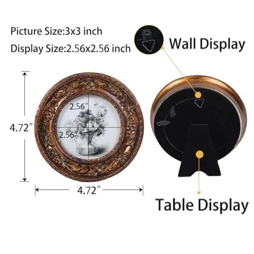 SIKOO Vintage Round Picture Frame 7.6cm (3x3 in) | Antique Bronze Gold Ornate Wall Decor thumbnail 2