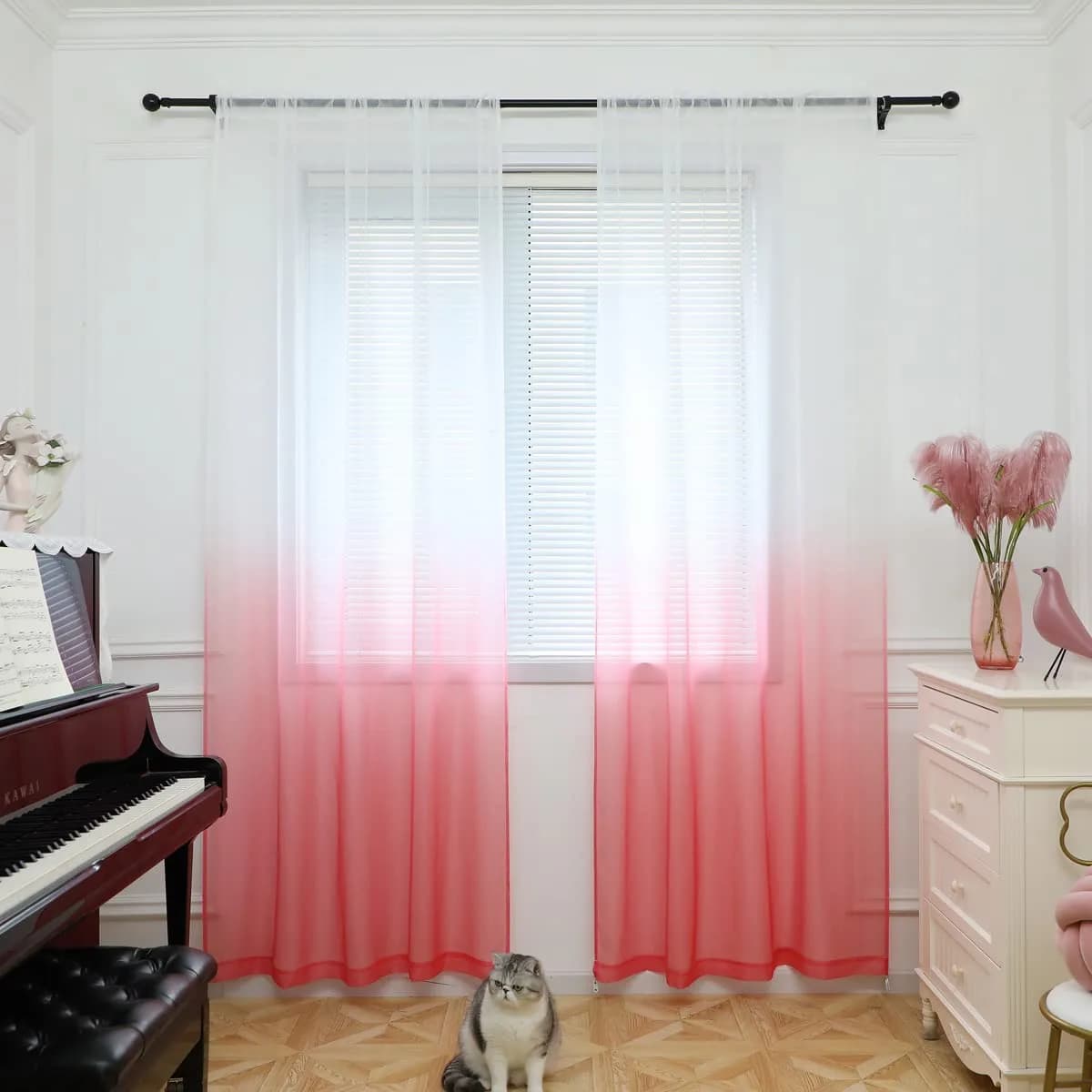 PHILEASY Gradient Red Sheer Curtains 84 Inches Long, 2 Panels - Light-Filtering Rod Pocket