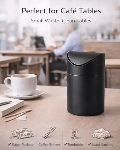 JILLICK Matte Black Mini Trash Can with Lid 1.5L (0.4 Gal) | Compact Metal Swing Top Waste Bin for Desks & Coffee Bars thumbnail 6