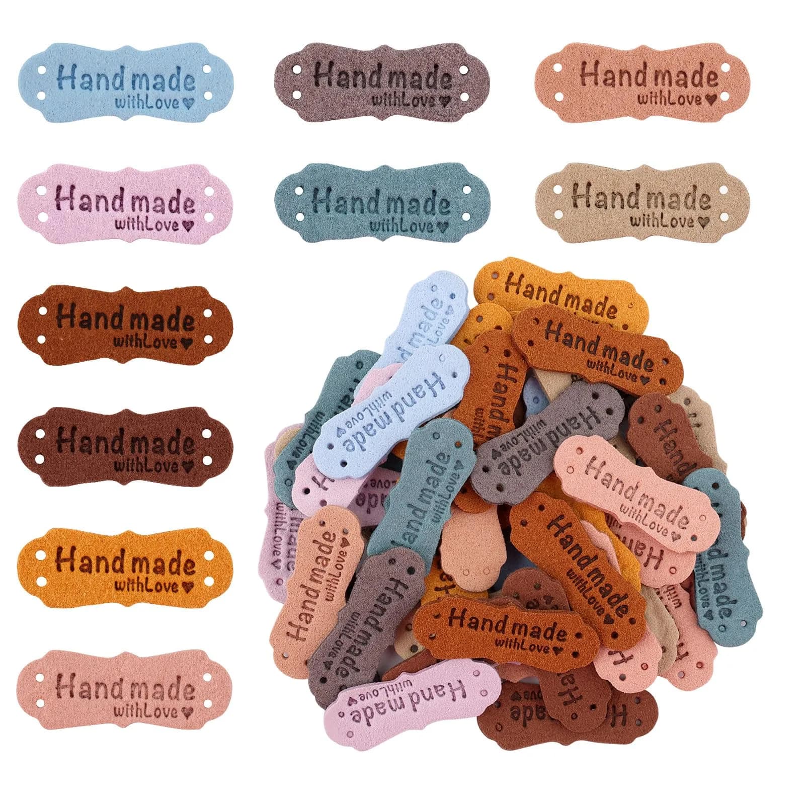 SAVITA Handmade Leather Labels with Love Hearts - 50pcs, 10 Colors | Embossed Crochet Tags for Crafts