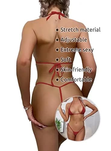 Dadress Extreme Sexy Micro Bikini Set Red | Halter Neck Triangle Top & G-String Bottom thumbnail 9
