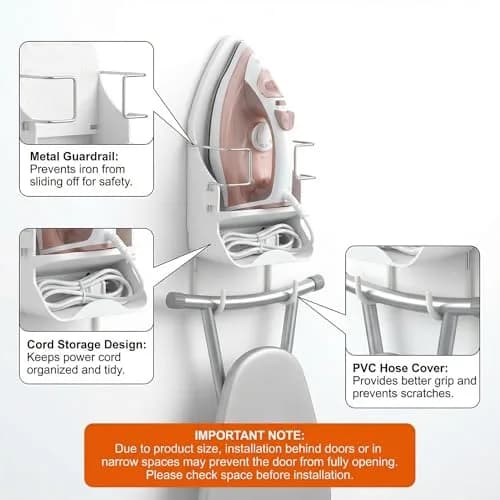 DOUBLE 2 C White Ironing Board Hanger Wall Mount with Hooks for Hot Unplugged Irons & Boards, 15.3cm (6") Wide thumbnail 2
