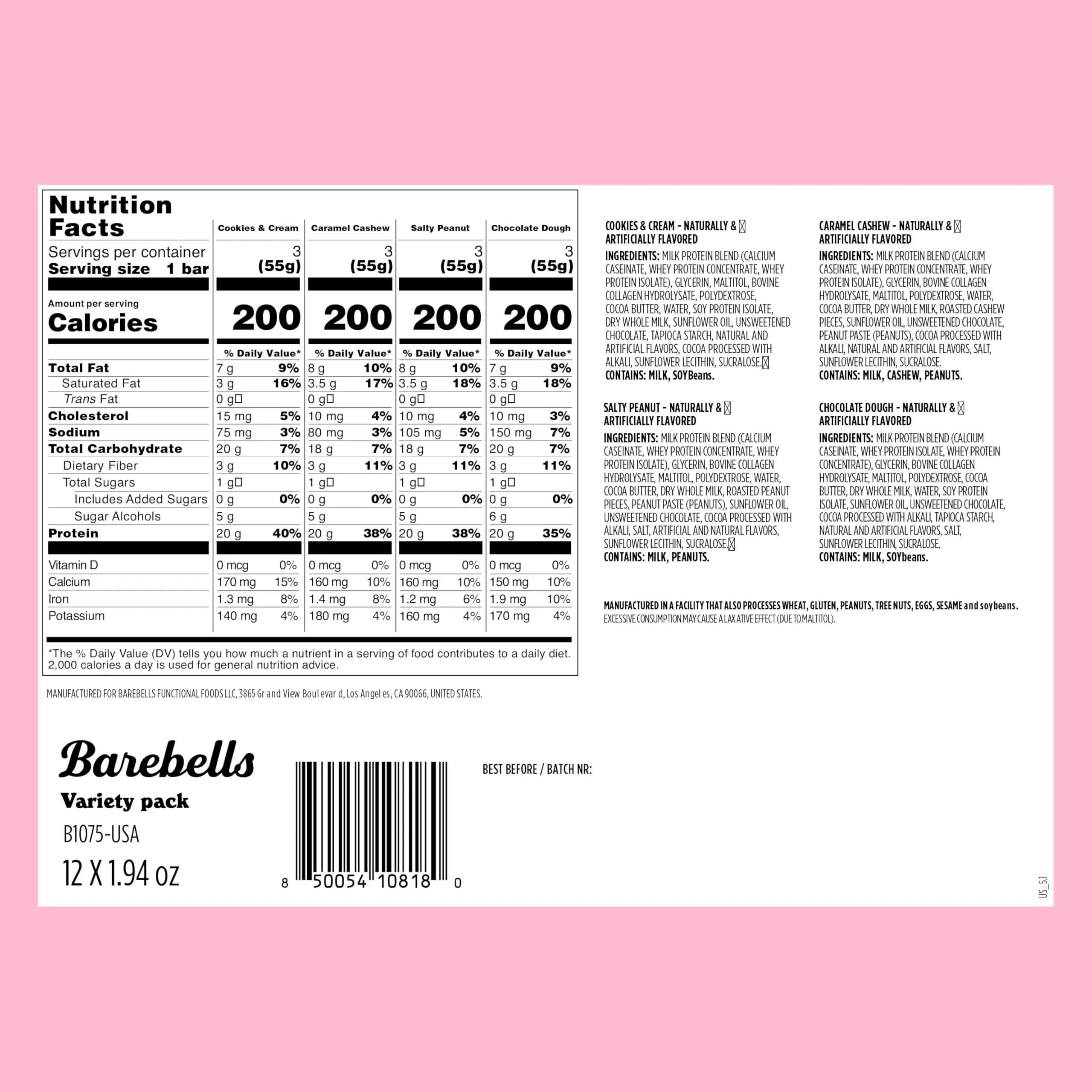 BAREBELLS Protein Bars Variety Pack 12 Count 1.9oz | High Protein Snacks thumbnail 2