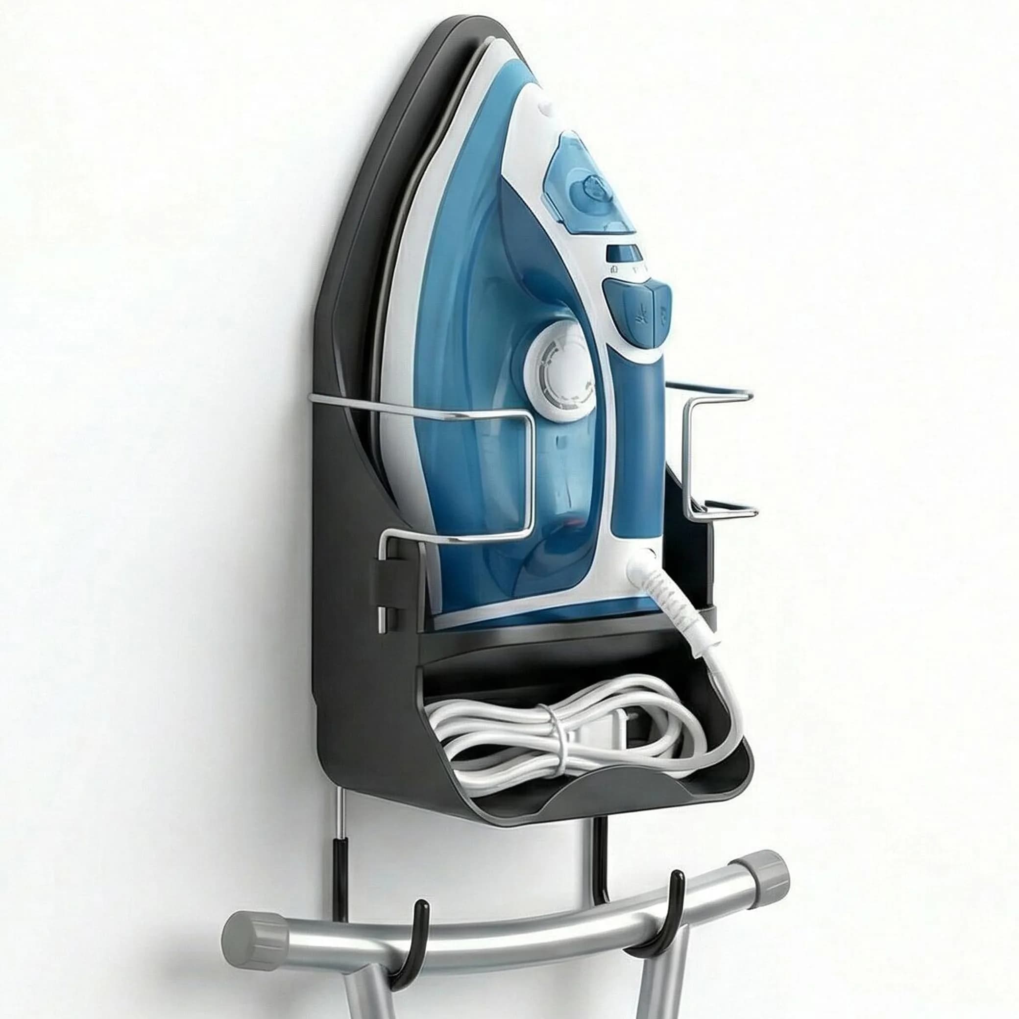 DOUBLE 2 C Black Ironing Board Hanger Wall Mount with Iron Holder & Hooks | 11.3" L x 4.5" W - main product image
