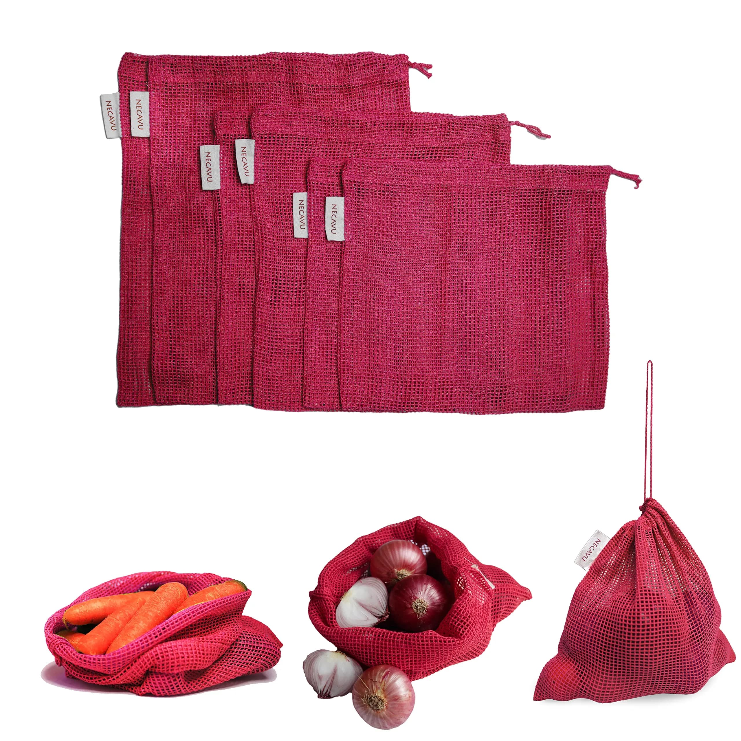 NECAVU 100% Cotton Mesh Grocery Bags Set of 2 (40x42cm) | Eco-Friendly Reusable Shopping Totes — Onion Pink