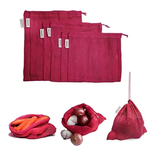 NECAVU 100% Cotton Reusable Fridge Storage Bags Set of 6 | Eco-friendly Onion Pink Vegetable Bags with Drawstring (25cm x 25cm, 25cm x 30cm, 25cm x 35cm) thumbnail 1