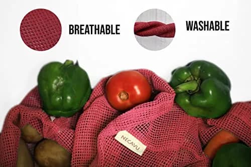 NECAVU 100% Cotton Reusable Fridge Storage Bags Set of 6 | Eco-friendly Onion Pink Vegetable Bags with Drawstring (25cm x 25cm, 25cm x 30cm, 25cm x 35cm) thumbnail 4