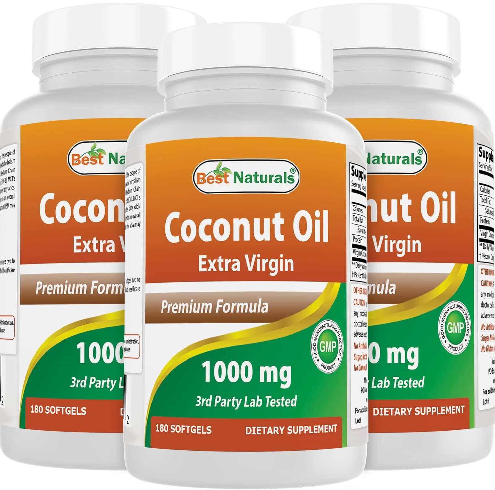 Best Naturals Extra Virgin Coconut Oil 1000 mg Softgel 180 Count | 3 Pack, Non-GMO, Gluten-Free, Made in USA