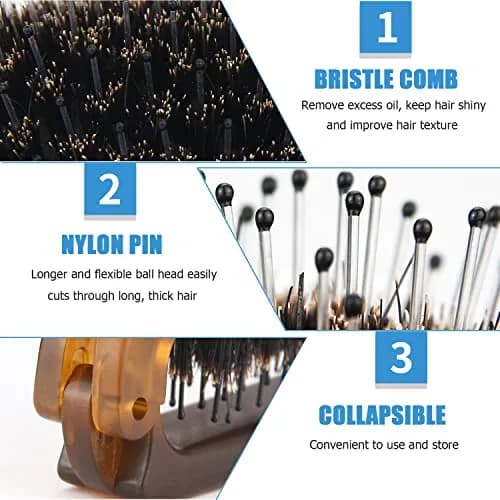 Ancable Folding Hair Brush with Boar Bristles & Nylon Pins, Amber, 1 Pack | Detangles & Smooths Hair thumbnail 2