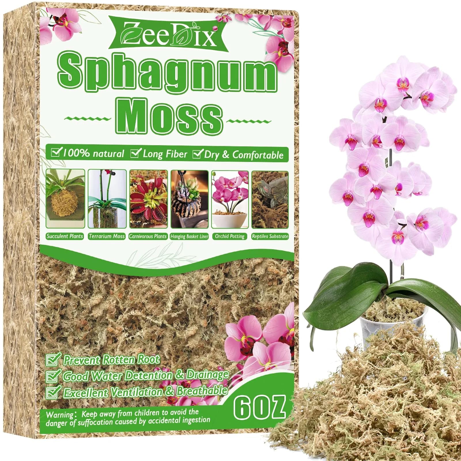 ZeeDix Premium Sphagnum Moss Bulk 2.2 lb (998g) | Natural Long Fiber for Plants & Reptiles — 6 ounces