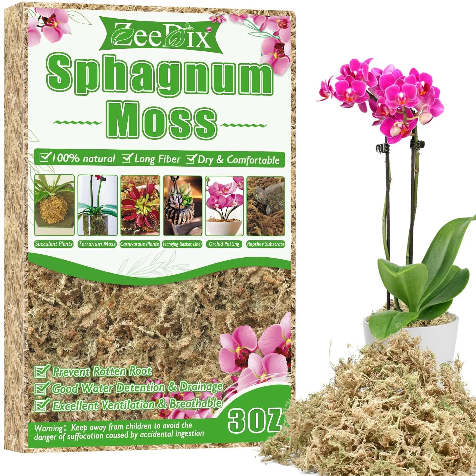 ZeeDix Premium Sphagnum Moss Bulk 2.2 lb (998g) | Natural Long Fiber for Plants & Reptiles — 3oz