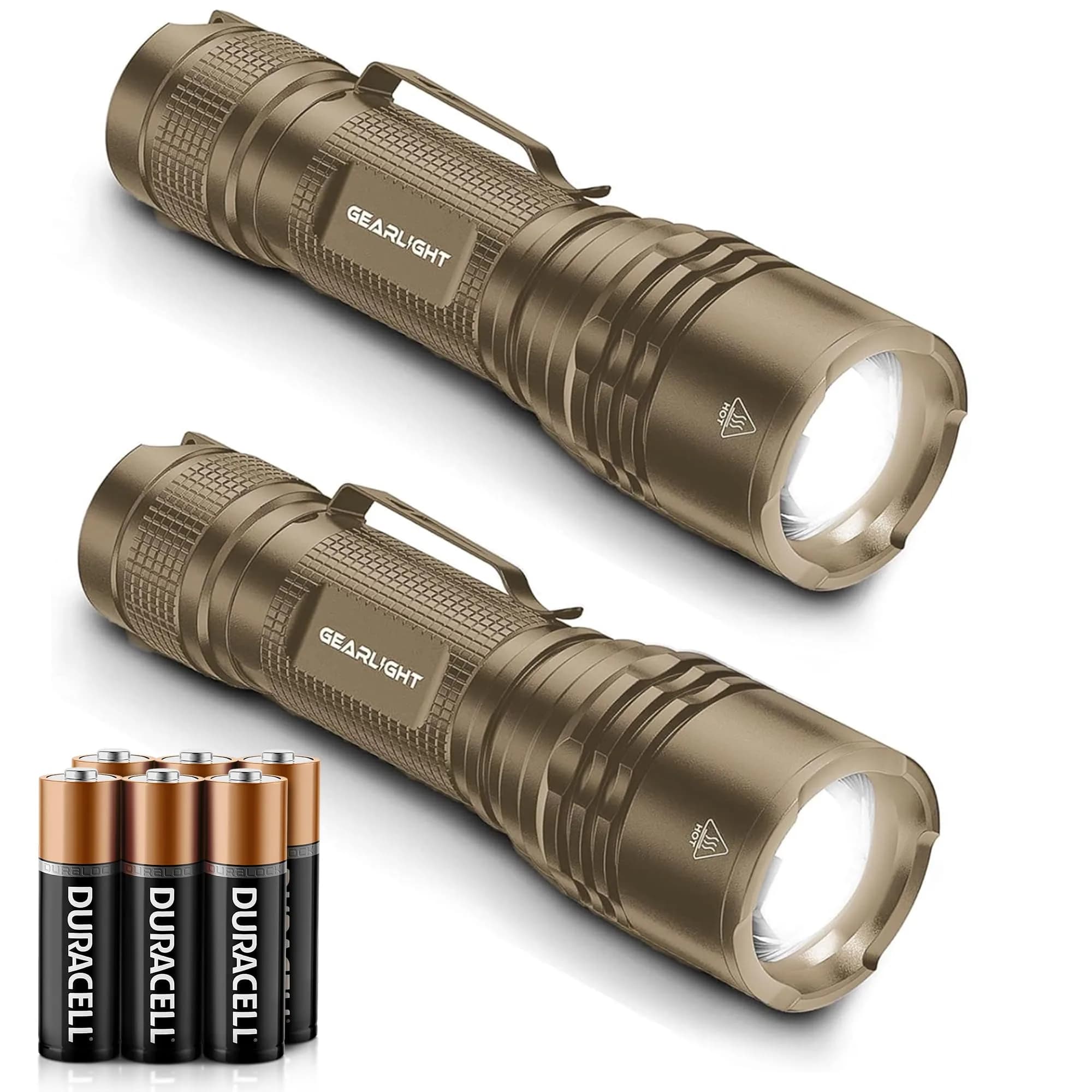 GearLight TAC LED Flashlight Pack - 2 Compact Tactical Flashlights with High Lumens for Outdoor & Emergency Use - Desert Tan