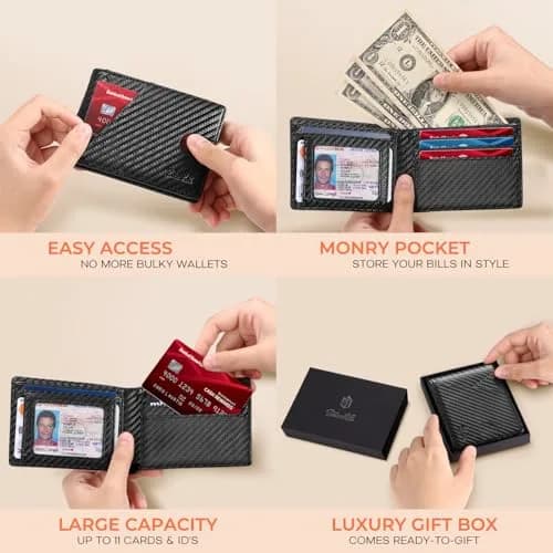 Zitahli Slim RFID Leather Bifold Wallet for Men, Carbon Black | 11.2 cm (4.4 in) x 8 cm (3.1 in) x 1.2 cm (0.5 in) thumbnail 2