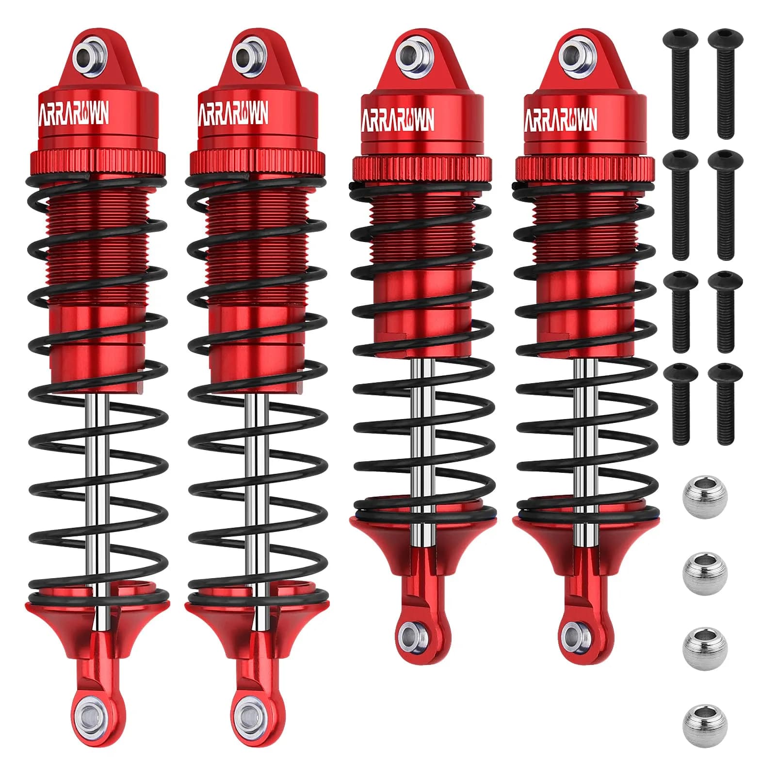 ARRAROWN 4PCS 1/10 RC Car Shocks Front & Rear Shock Absorber Set 100mm/90mm Front, 115mm/105mm Rear | CNC Machined Metal Upgrade Parts — Red