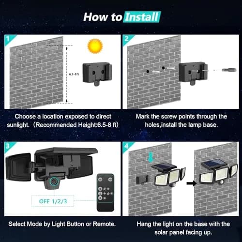 Tuffenough Solar Outdoor Lights 2500LM 210 LED Security Lights with Remote Control, 3 Heads, Waterproof IP65, 270° Flood Wall Lights (3 Pack) thumbnail 7