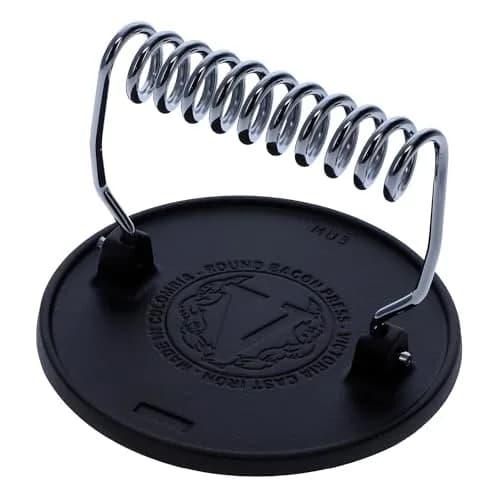 Victoria Round Cast-Iron Meat Press with Wire Handle 2.4 lbs | Preseasoned, Durable & Versatile thumbnail 1