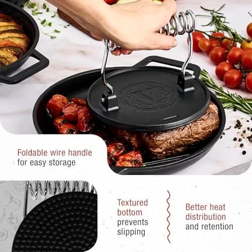 Victoria Round Cast-Iron Meat Press with Wire Handle 2.4 lbs | Preseasoned, Durable & Versatile thumbnail 4