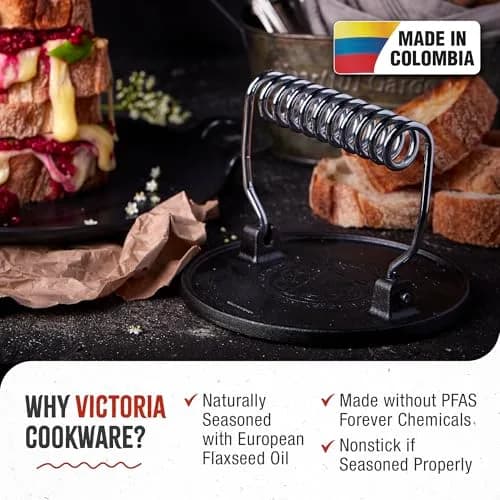 Victoria Round Cast-Iron Meat Press with Wire Handle 2.4 lbs | Preseasoned, Durable & Versatile thumbnail 2