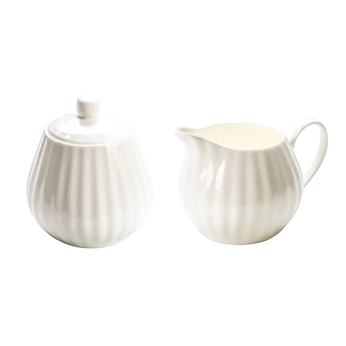 Bicuzat White Strip Porcelain Sugar Bowl and Creamer Set with Lid, 10 OZ & 13 OZ | Elegant Serveware for Indian Homes