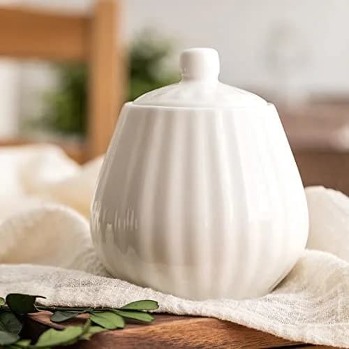 Bicuzat White Strip Porcelain Sugar Bowl and Creamer Set with Lid, 10 OZ & 13 OZ | Elegant Serveware for Indian Homes thumbnail 5