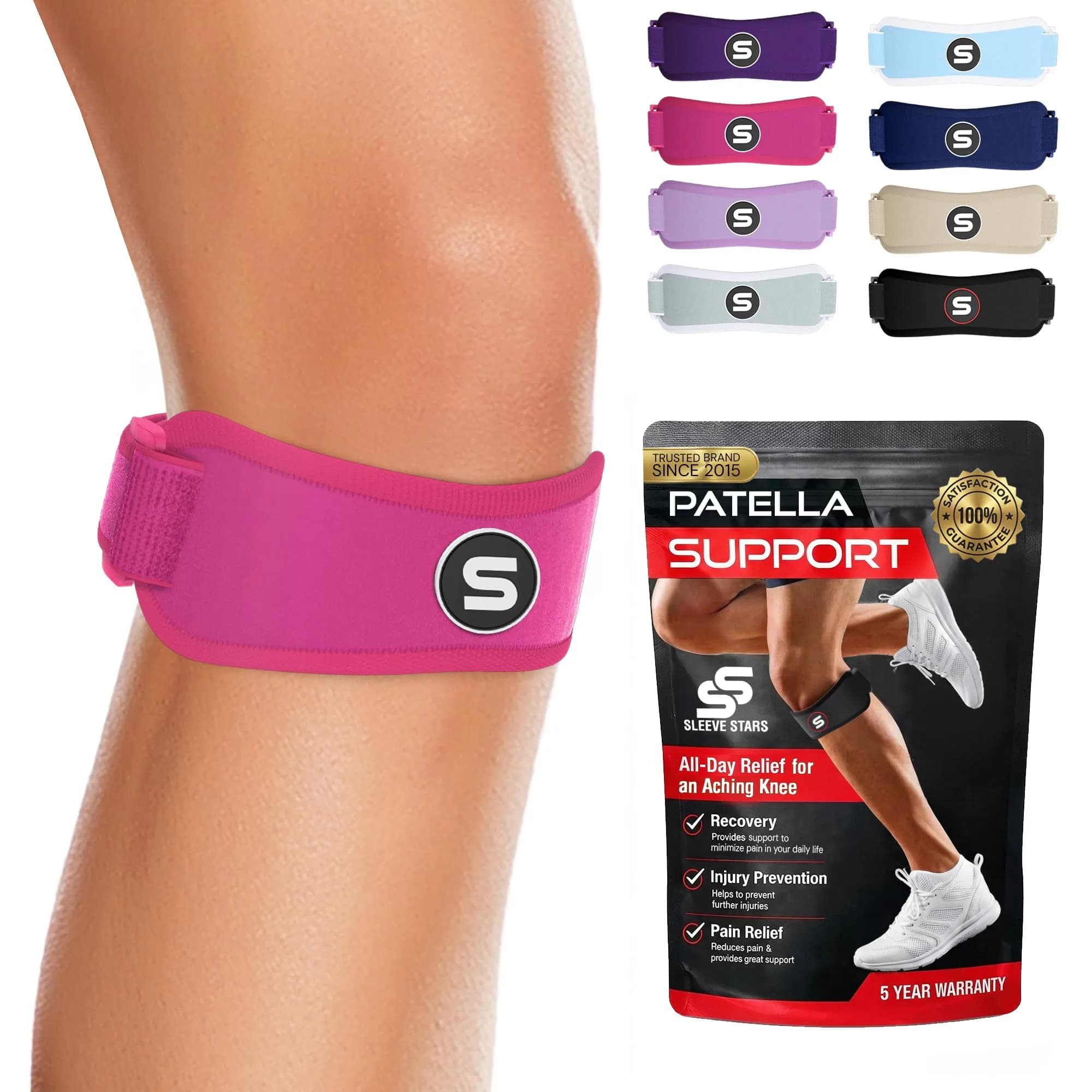 Sleeve Stars Patellar Tendon Support Strap Osgood Schlatter Knee Brace for Youth, Women & Men, Black | Adjustable Fit for Pain Relief — Hot Pink / Adults